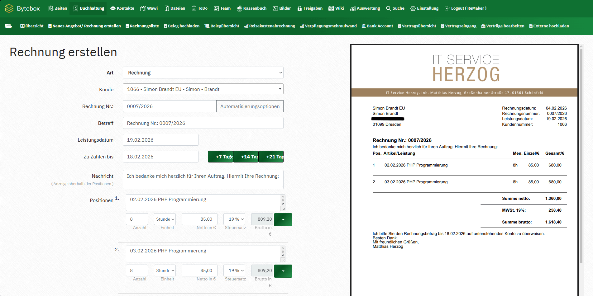 Screenshot: Bytebox E-Rechnung ZUGFeRD Erstellung