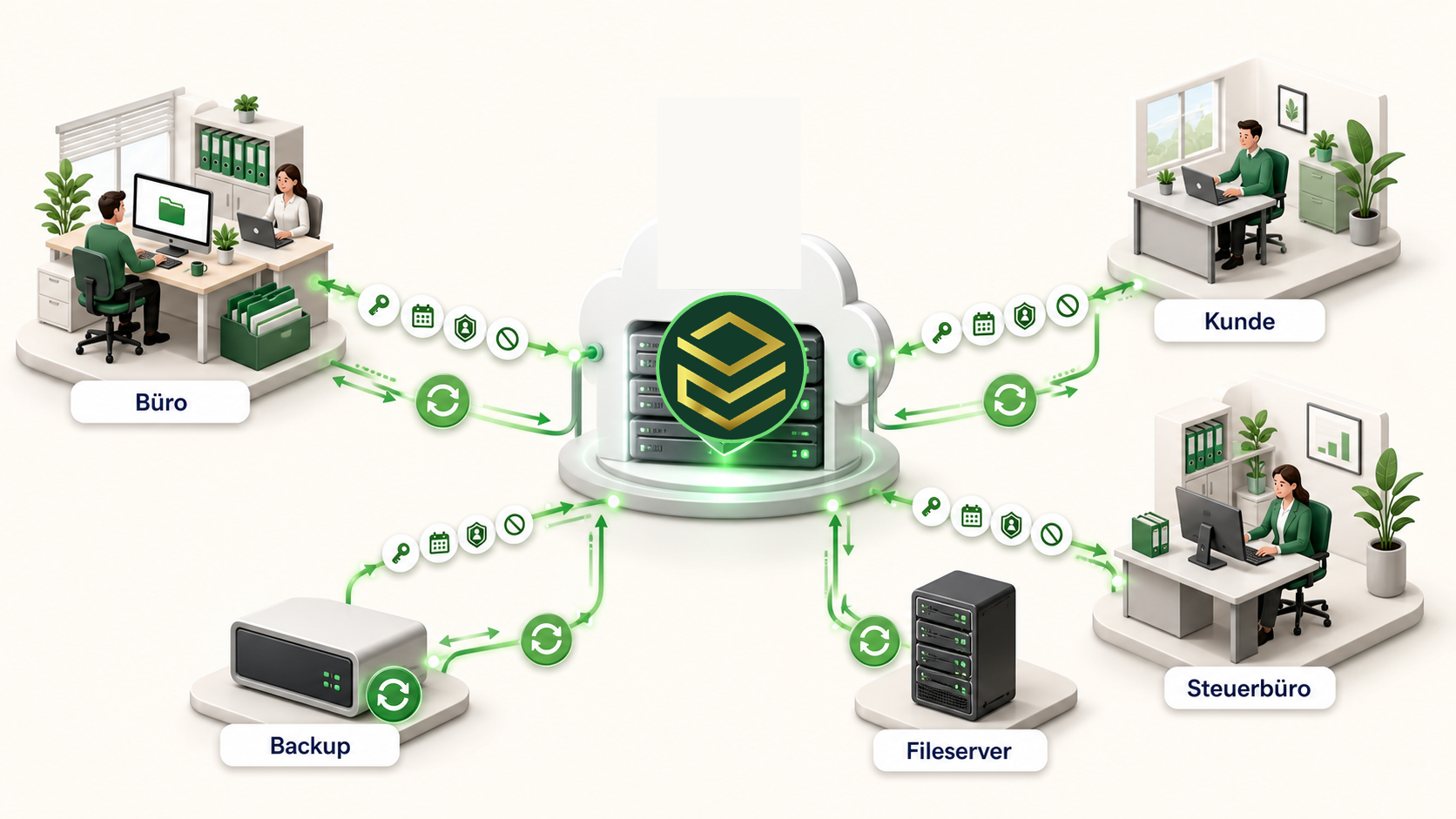 ByteBox verbindet Büro, Kunden, Steuerbüro, Backup und Fileserver über eine sichere Cloud mit kontrollierten Freigaben und Synchronisation.
