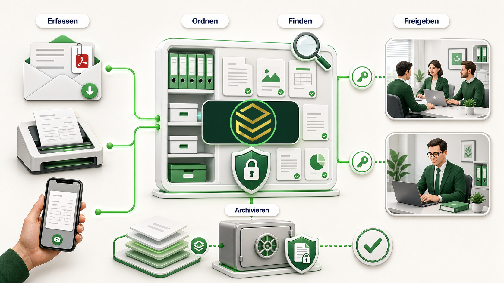 ByteBox DMS erfasst Dokumente aus E-Mails, Scans und Smartphones, ordnet sie zentral, macht sie durchsuchbar, gibt sie kontrolliert frei und archiviert sie revisionssicher.